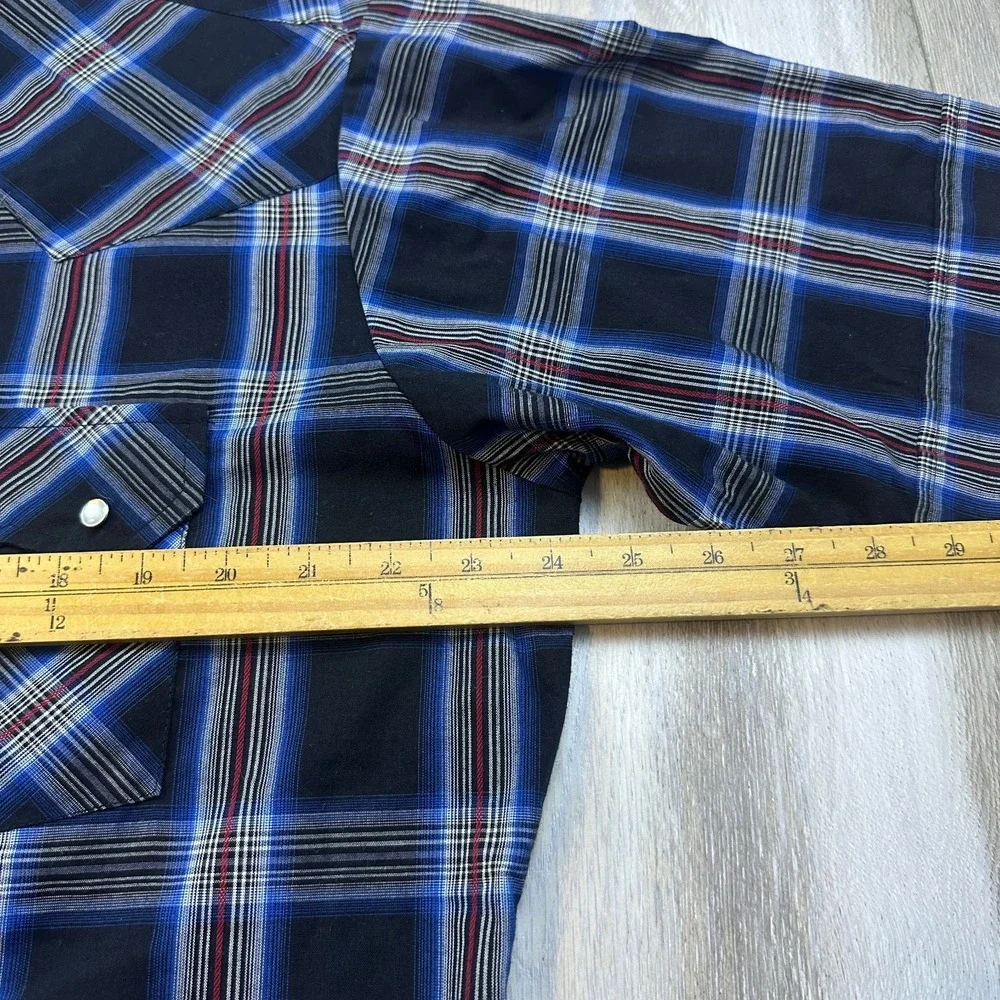 Ely Cattleman Mens Large Blue Red Plaid Pearl Snap Short Sleeve Western Shirt